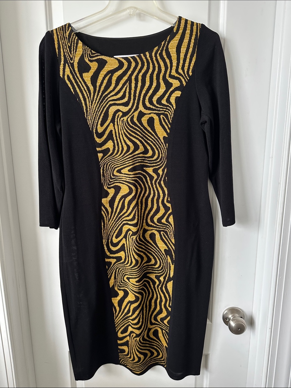 Misook Black Dress with Gold Swirl Panel - Long Sleeve